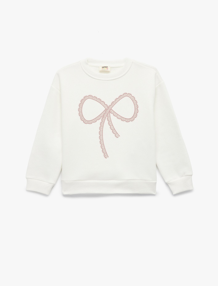 Kız Çocuk Uzun Kollu Bisiklet Yaka Şardonlu Fiyonk Baskılı Sweatshirt