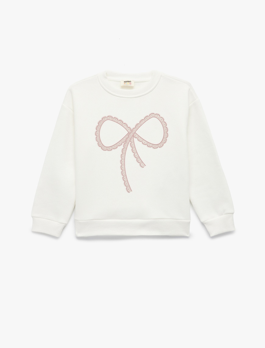  Kız Çocuk Uzun Kollu Bisiklet Yaka Şardonlu Fiyonk Baskılı Sweatshirt