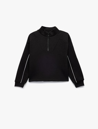 Şardonlu Uzun Kollu Dik Yaka Yarım Fermuarlı Sweatshirt