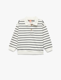 Şardonlu Uzun Kollu Oversize Pamuklu Düğmeli Polo Yaka Sweatshirt