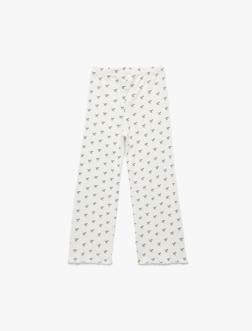  Kız Çocuk Kaşkorse Viskon Karışımlı Beli Lastikli Fiyonk Baskılı Geniş Paça Pantolon