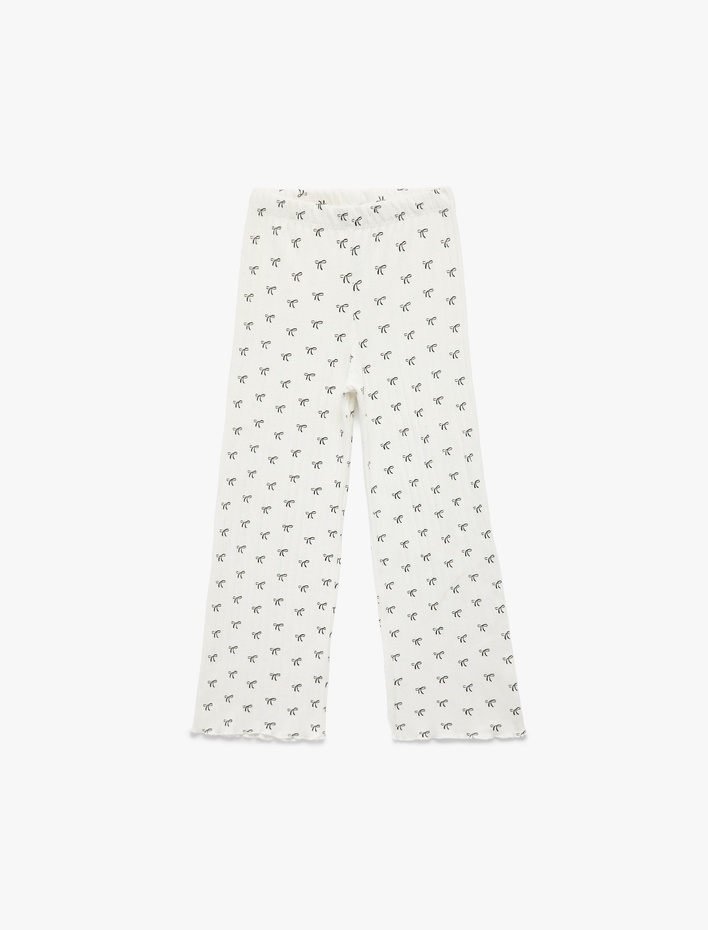 Kız Çocuk Kaşkorse Viskon Karışımlı Beli Lastikli Fiyonk Baskılı Geniş Paça Pantolon
