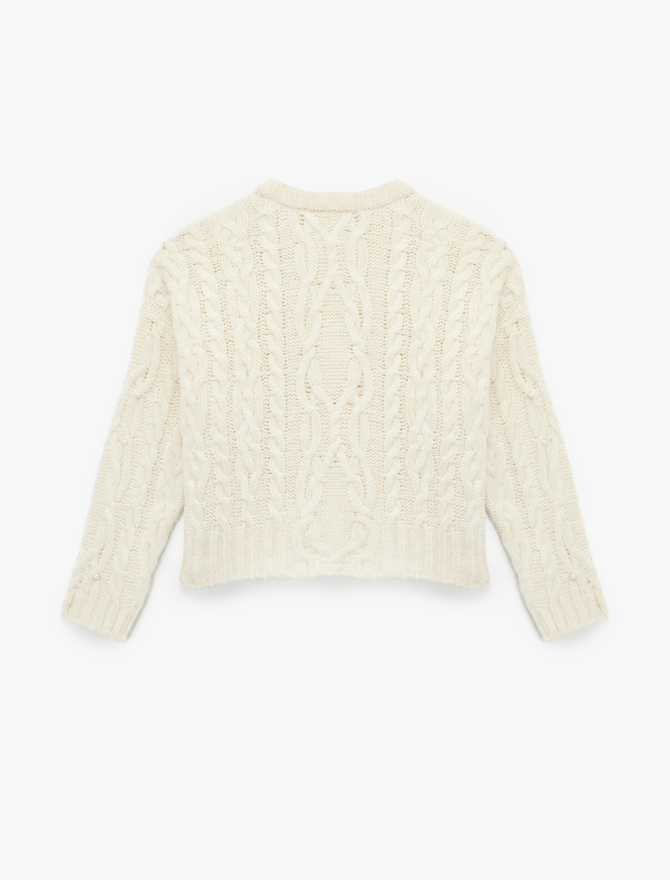   Saç Örgü Dokulu Uzun Kollu Bisiklet Yaka İnci Detaylı Triko Kazak