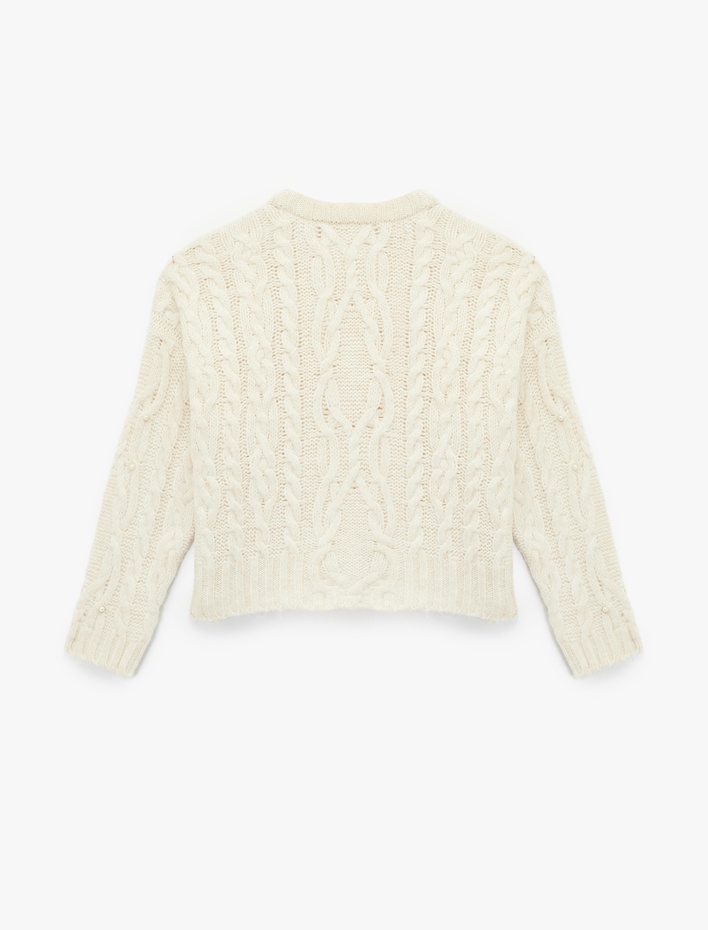  Saç Örgü Dokulu Uzun Kollu Bisiklet Yaka İnci Detaylı Triko Kazak