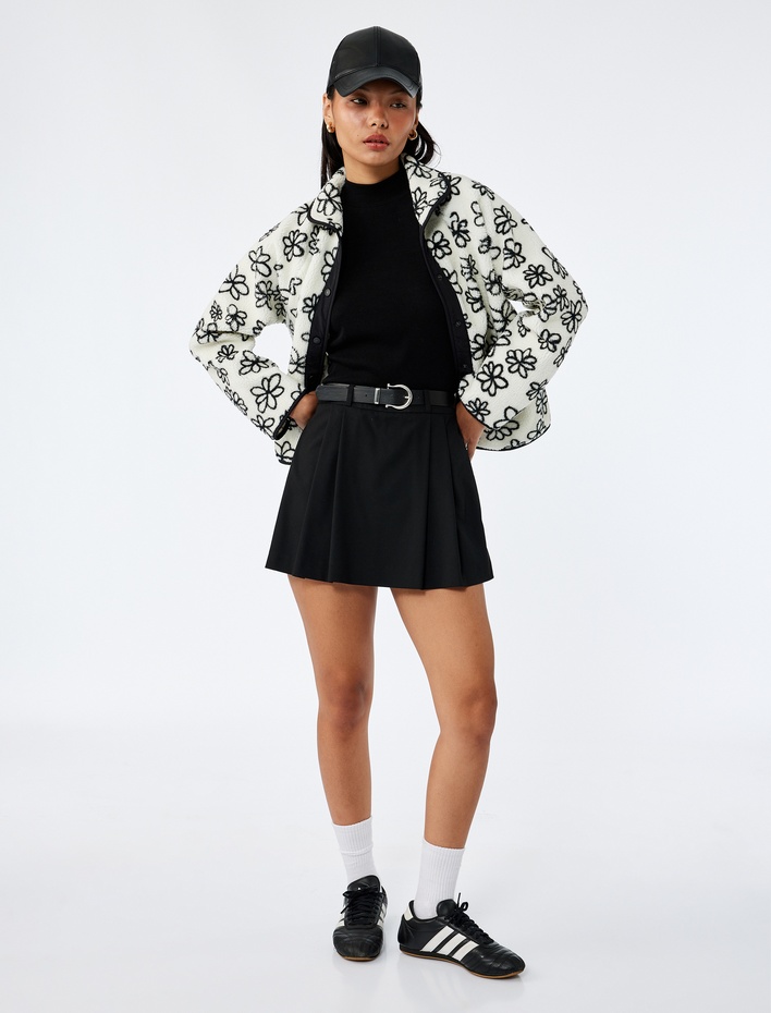  Dik Yaka Cep Detaylı Çiçek Desenli Fermuarlı Peluş Ceket