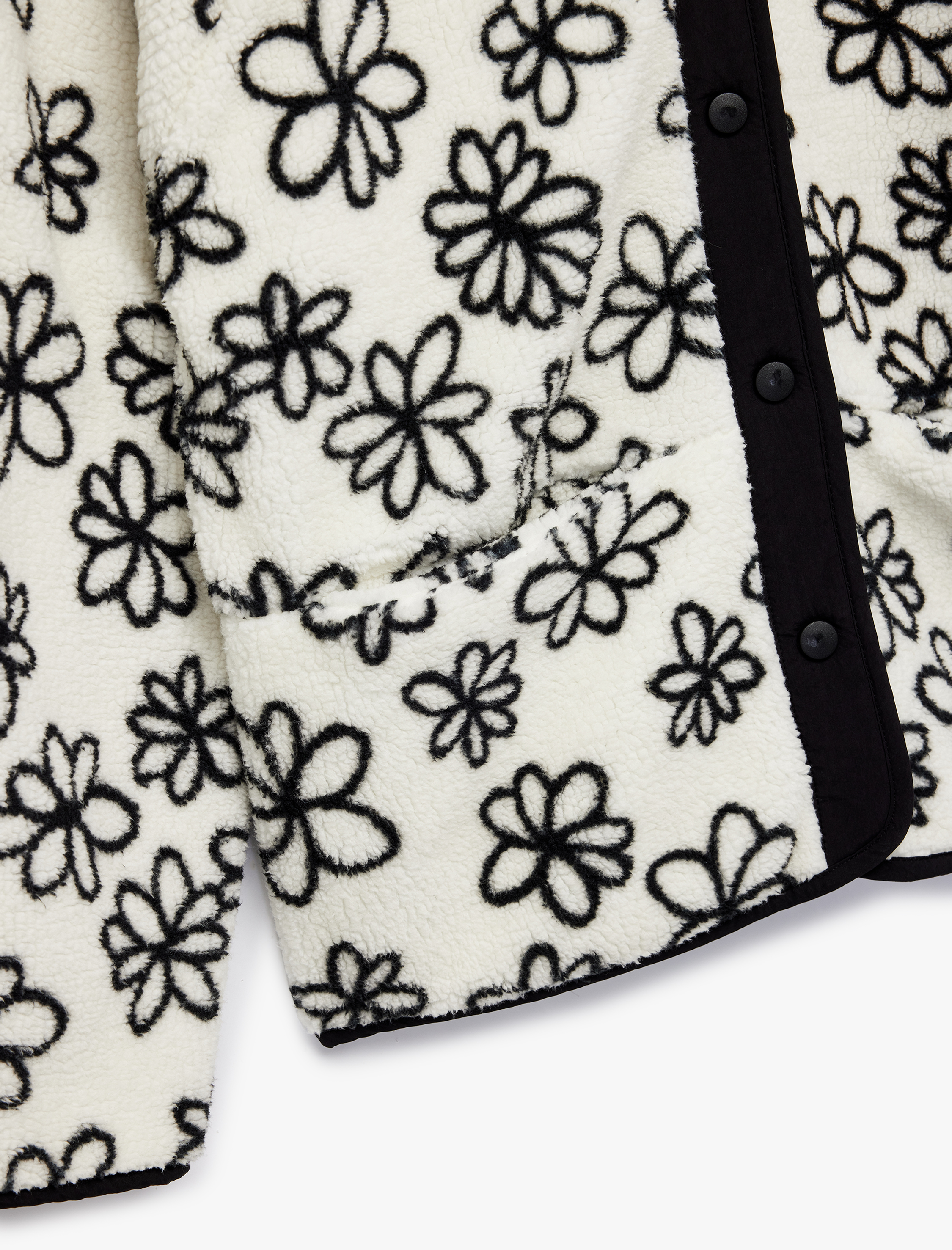 Dik Yaka Cep Detaylı Çiçek Desenli Fermuarlı Peluş Ceket
