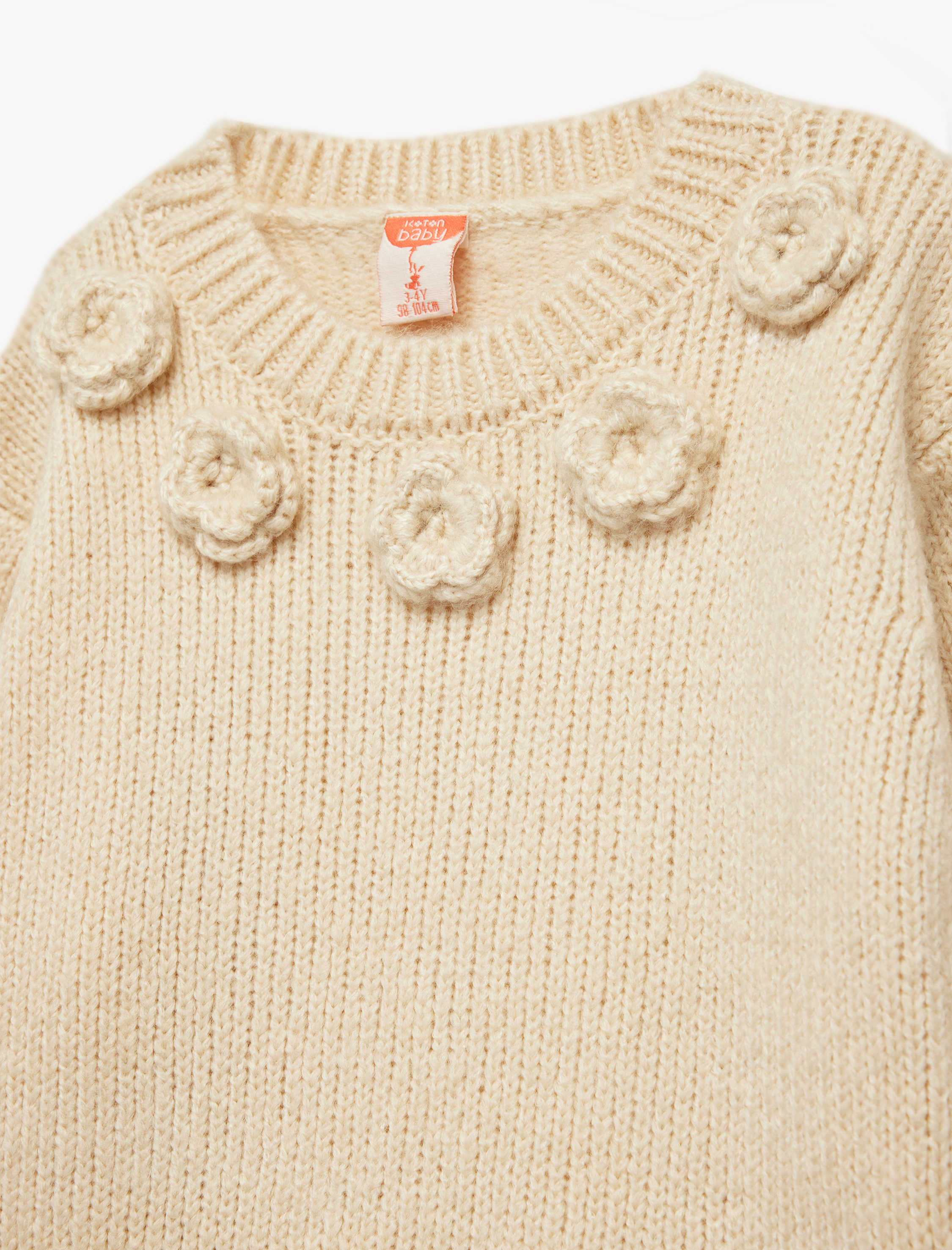  Kız Bebek Aplike Gül Detaylı Uzun Kollu Bisiklet Yaka Triko Kazak