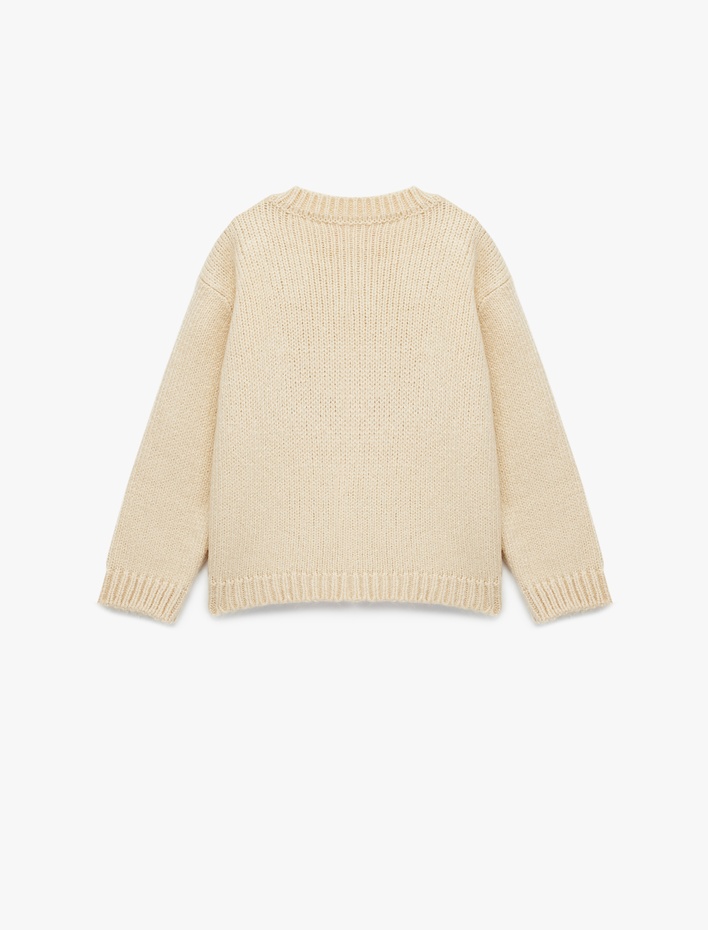 Kız Bebek Aplike Gül Detaylı Uzun Kollu Bisiklet Yaka Triko Kazak