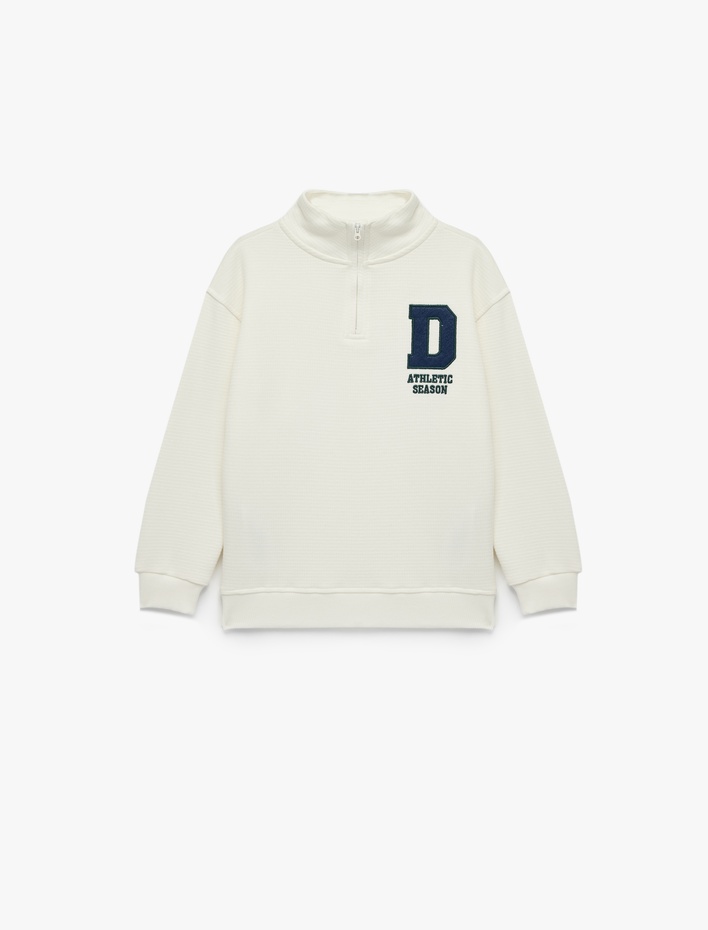 Erkek Çocuk Pamuklu Dik Yaka Uzun Kollu Nakışlı Yarım Fermuarlı Sweatshirt