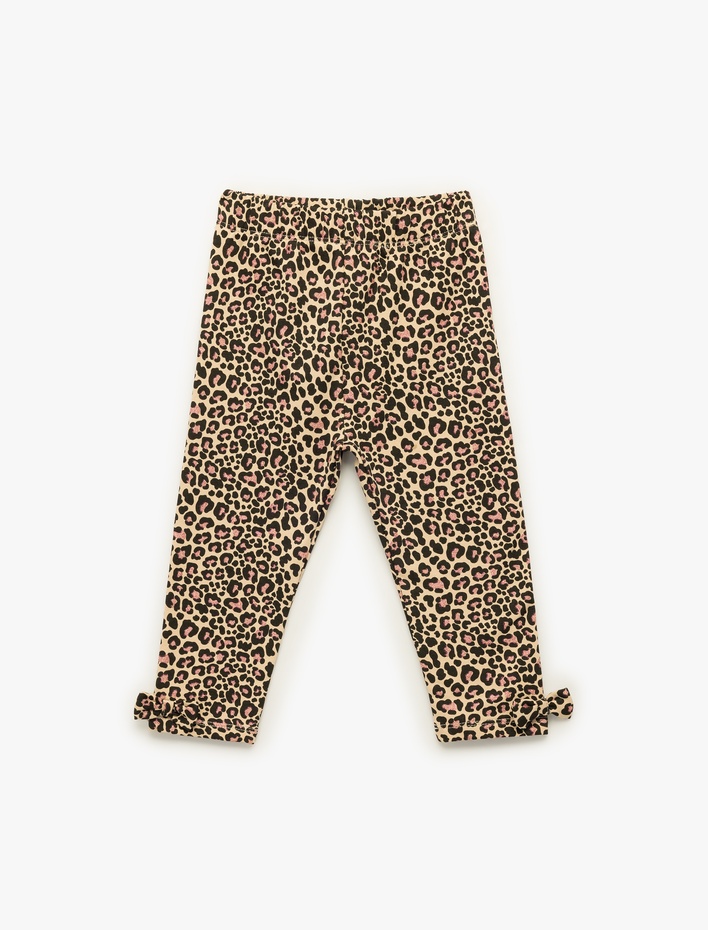 Kız Bebek Leopar Desenli Fiyonklu Pamuklu Uzun Tayt