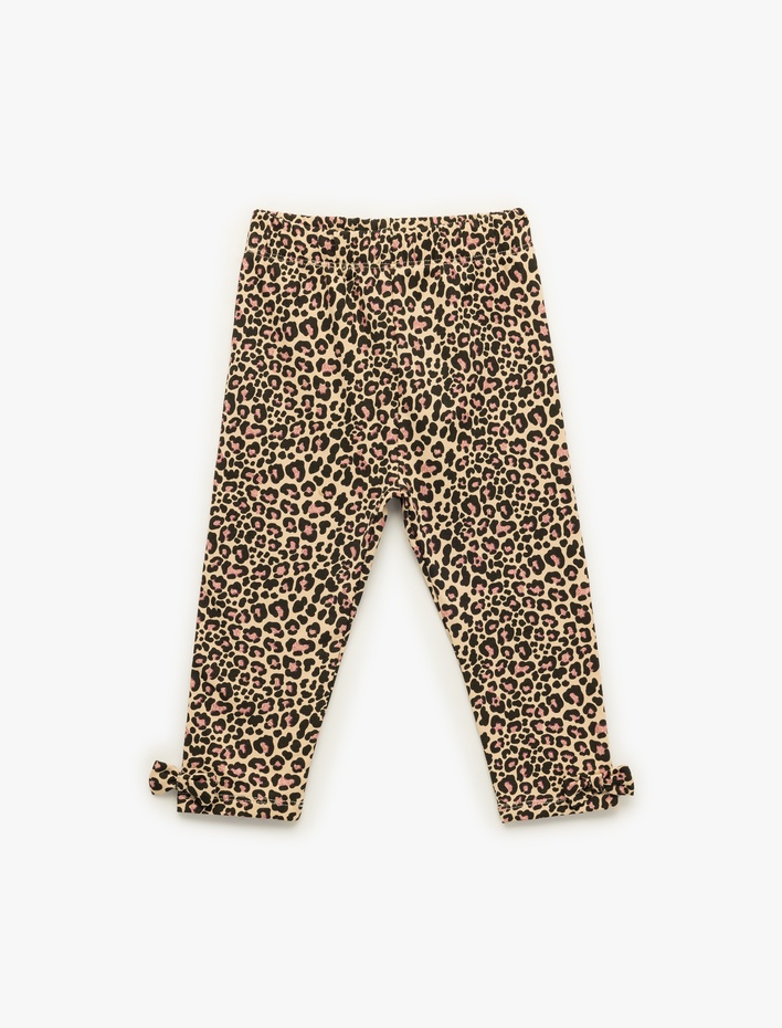Kız Bebek Leopar Desenli Fiyonklu Pamuklu Uzun Tayt