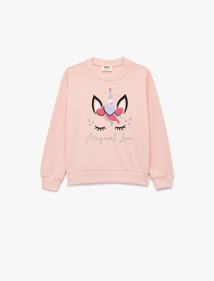 Kız Çocuk Simli Unicorn Baskılı Şardonlu Uzun Kollu Bisiklet Yaka Sweatshirt