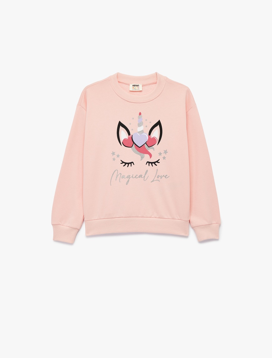  Kız Çocuk Simli Unicorn Baskılı Şardonlu Uzun Kollu Bisiklet Yaka Sweatshirt