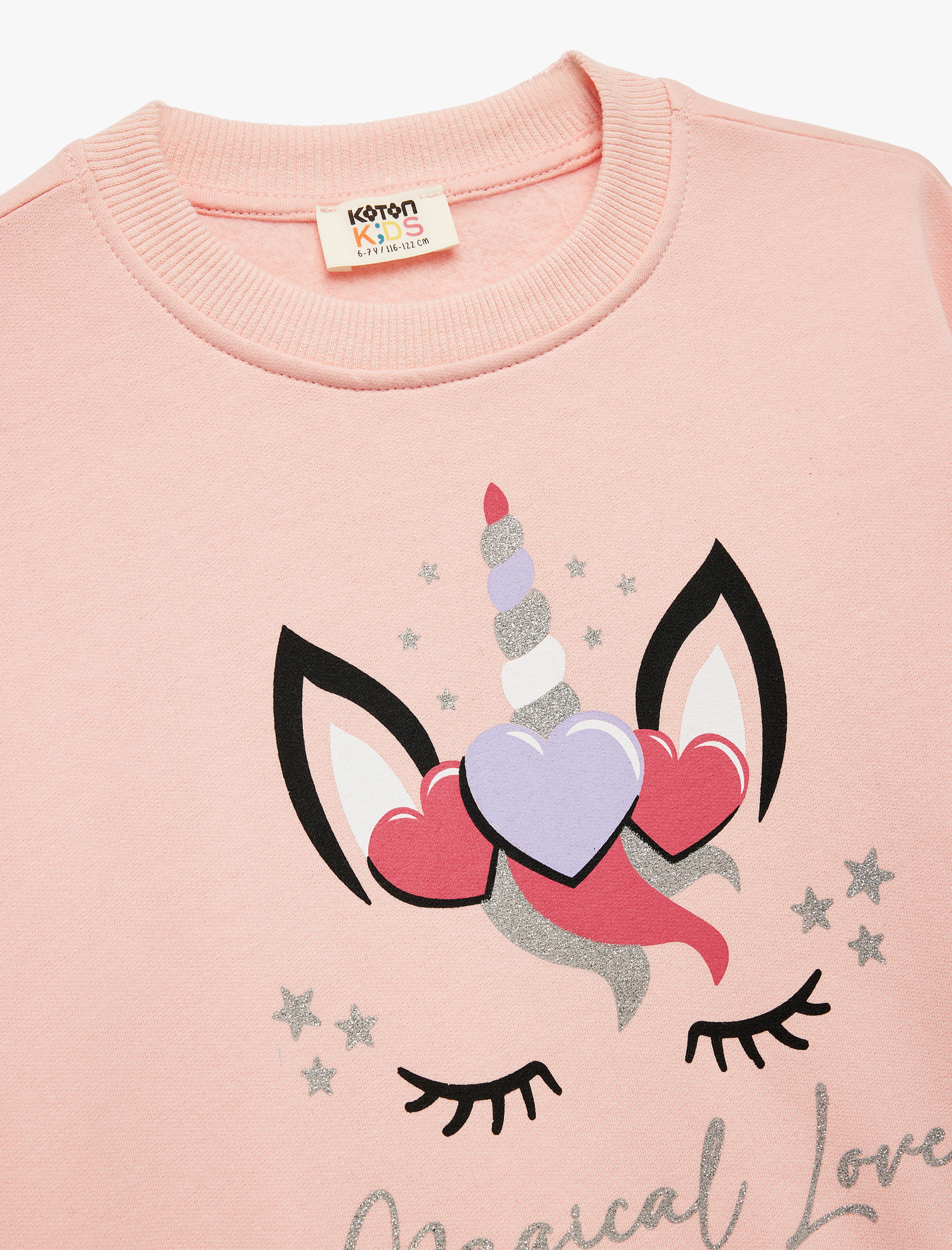  Kız Çocuk Simli Unicorn Baskılı Şardonlu Uzun Kollu Bisiklet Yaka Sweatshirt