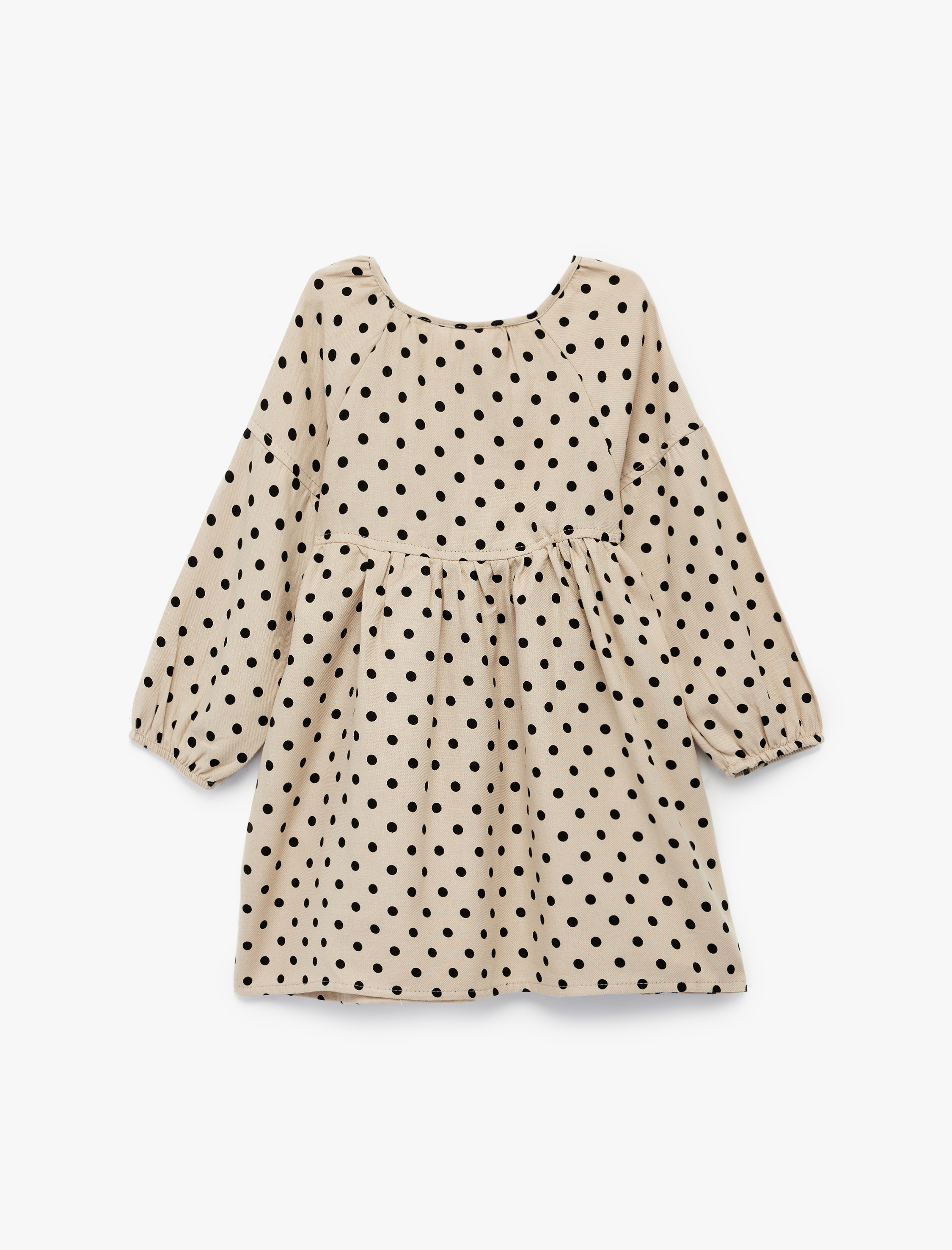  Kız Bebek Pamuklu Uzun Kollu Puantiyeli Düğmeli Volanlı Bebe Yaka Mini Elbise