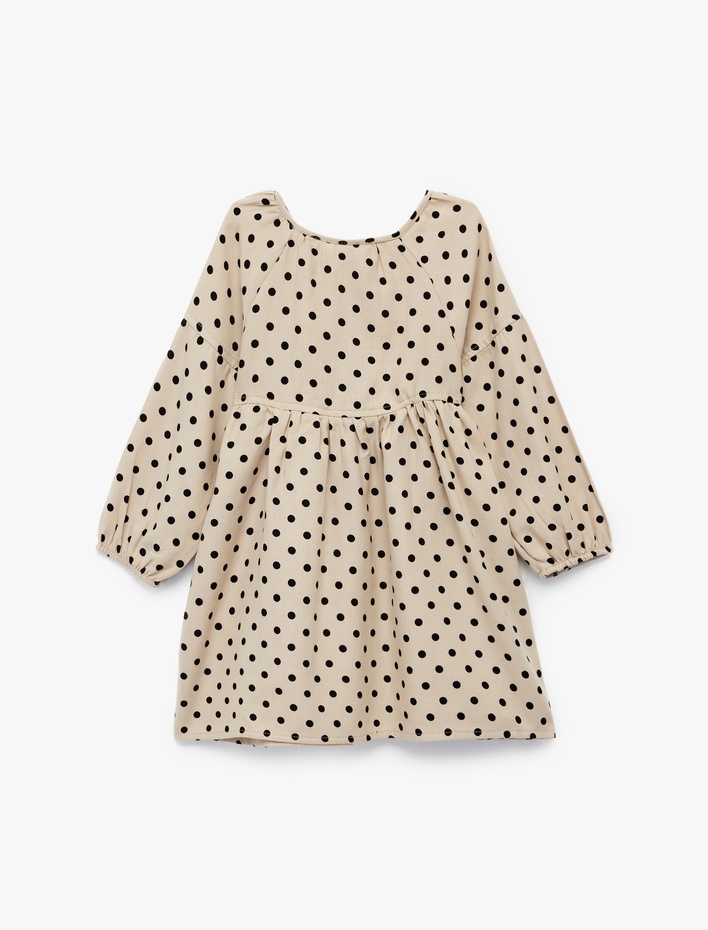 Kız Bebek Pamuklu Uzun Kollu Puantiyeli Düğmeli Volanlı Bebe Yaka Mini Elbise