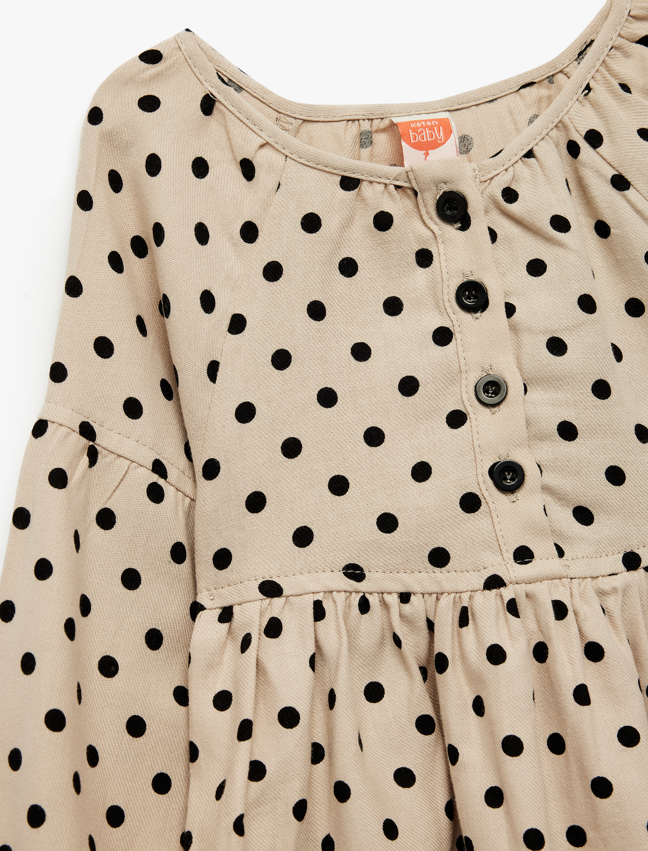  Kız Bebek Pamuklu Uzun Kollu Puantiyeli Düğmeli Volanlı Bebe Yaka Mini Elbise