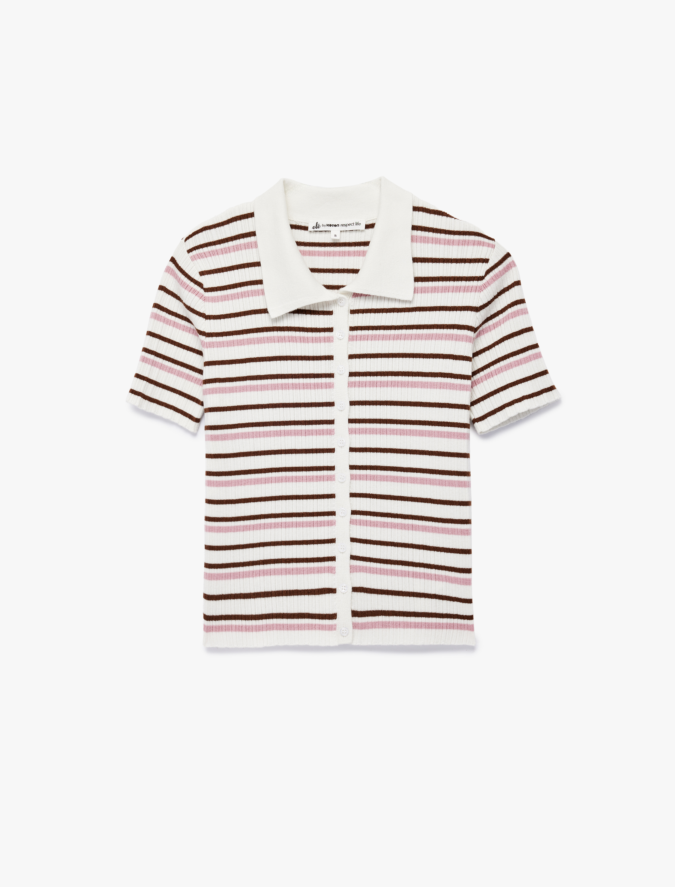 Çizgili Düğmeli Polo Yaka Kısa Kollu Triko Bluz