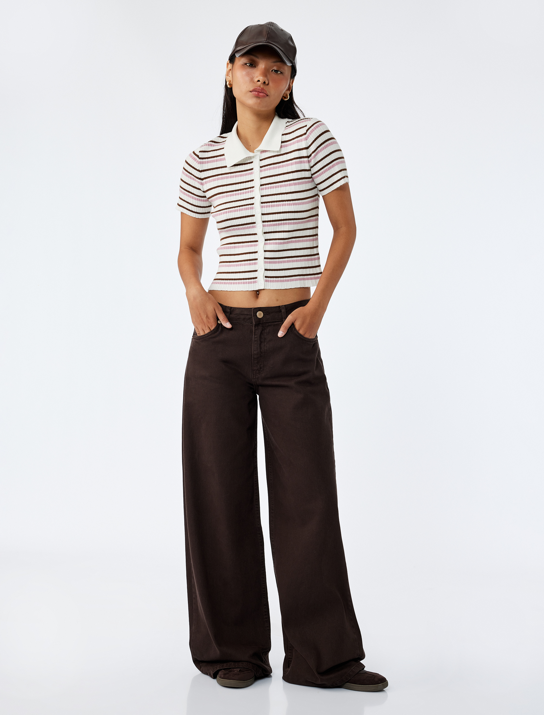 Çizgili Düğmeli Polo Yaka Kısa Kollu Triko Bluz