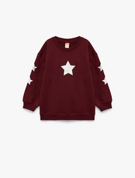 Pamuklu Bisiklet Yaka Şardonlu Pullu Yıldız İşlemeli Sweatshirt