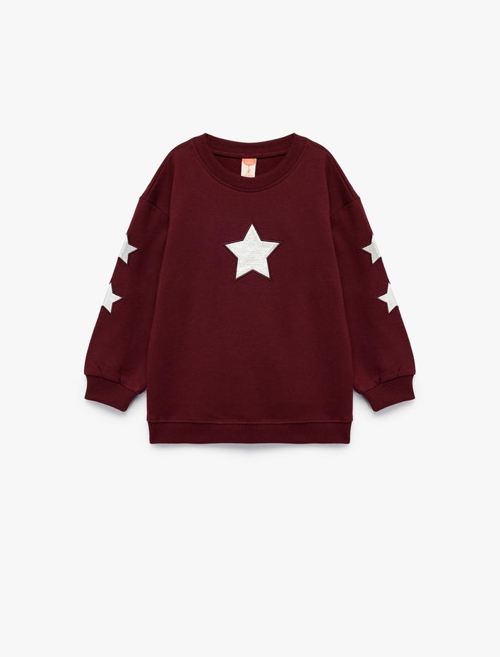 Kız Bebek Pamuklu Bisiklet Yaka Şardonlu Pullu Yıldız İşlemeli Sweatshirt