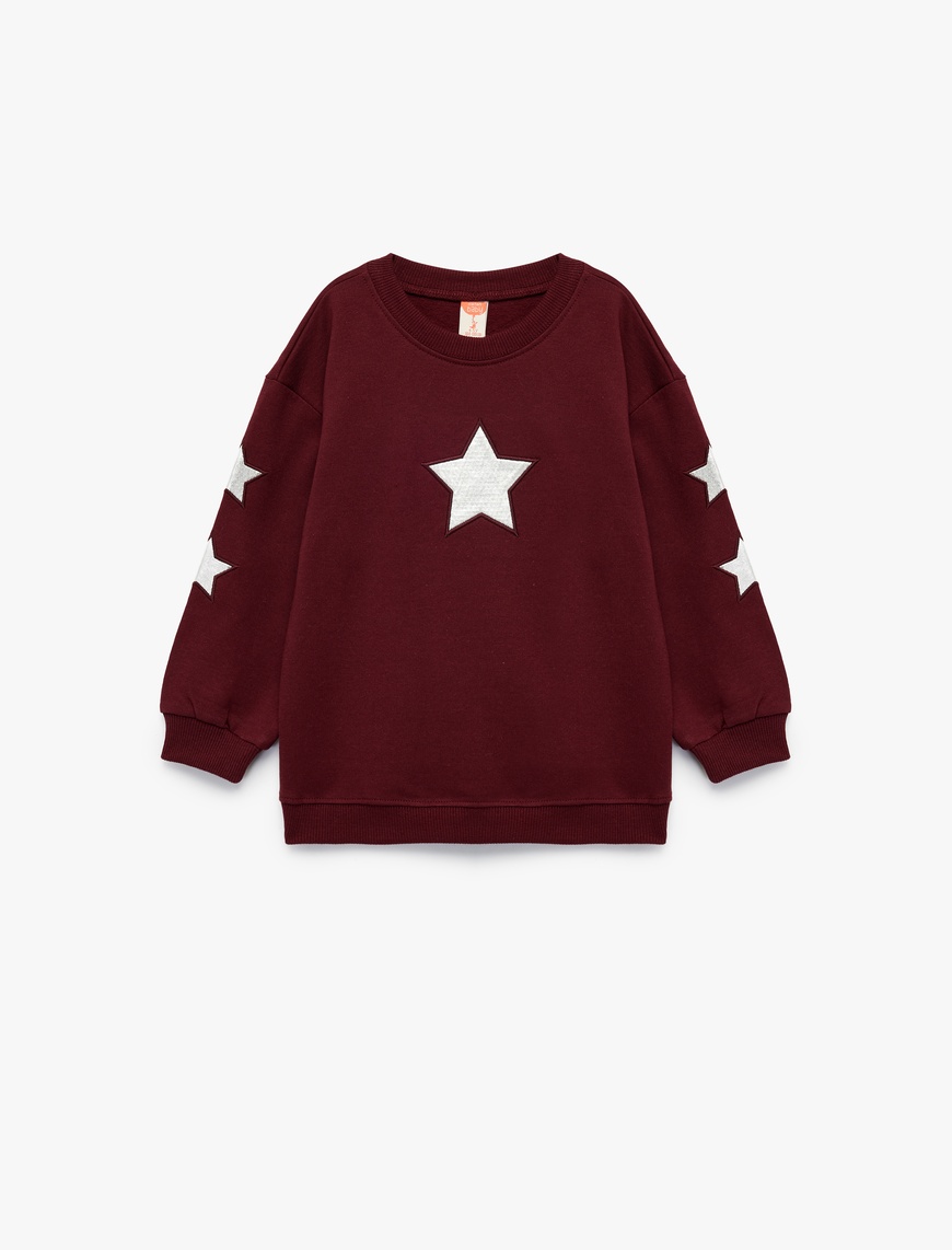  Kız Bebek Pamuklu Bisiklet Yaka Şardonlu Pullu Yıldız İşlemeli Sweatshirt
