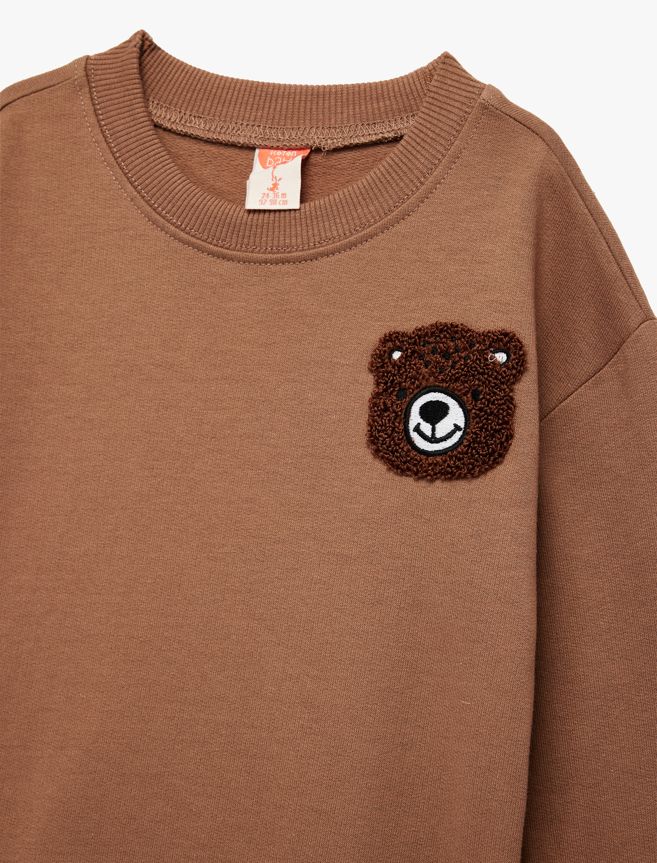  Erkek Bebek Şardonlu Ayıcık Nakışlı Uzun Kollu Pamuklu Bisiklet Yaka Sweatshirt