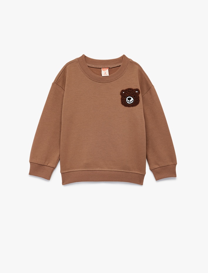 Erkek Bebek Şardonlu Ayıcık Nakışlı Uzun Kollu Pamuklu Bisiklet Yaka Sweatshirt