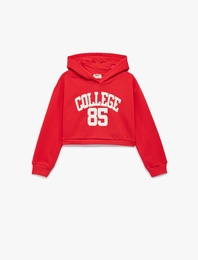 Aplike Detaylı Şardonlu Uzun Kollu Kapüşonlu Crop Sweatshirt