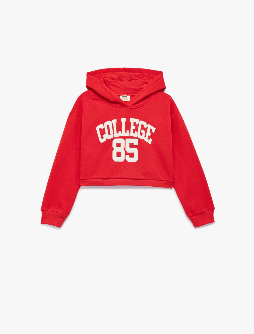 Kız Çocuk Aplike Detaylı Şardonlu Uzun Kollu Kapüşonlu Crop Sweatshirt