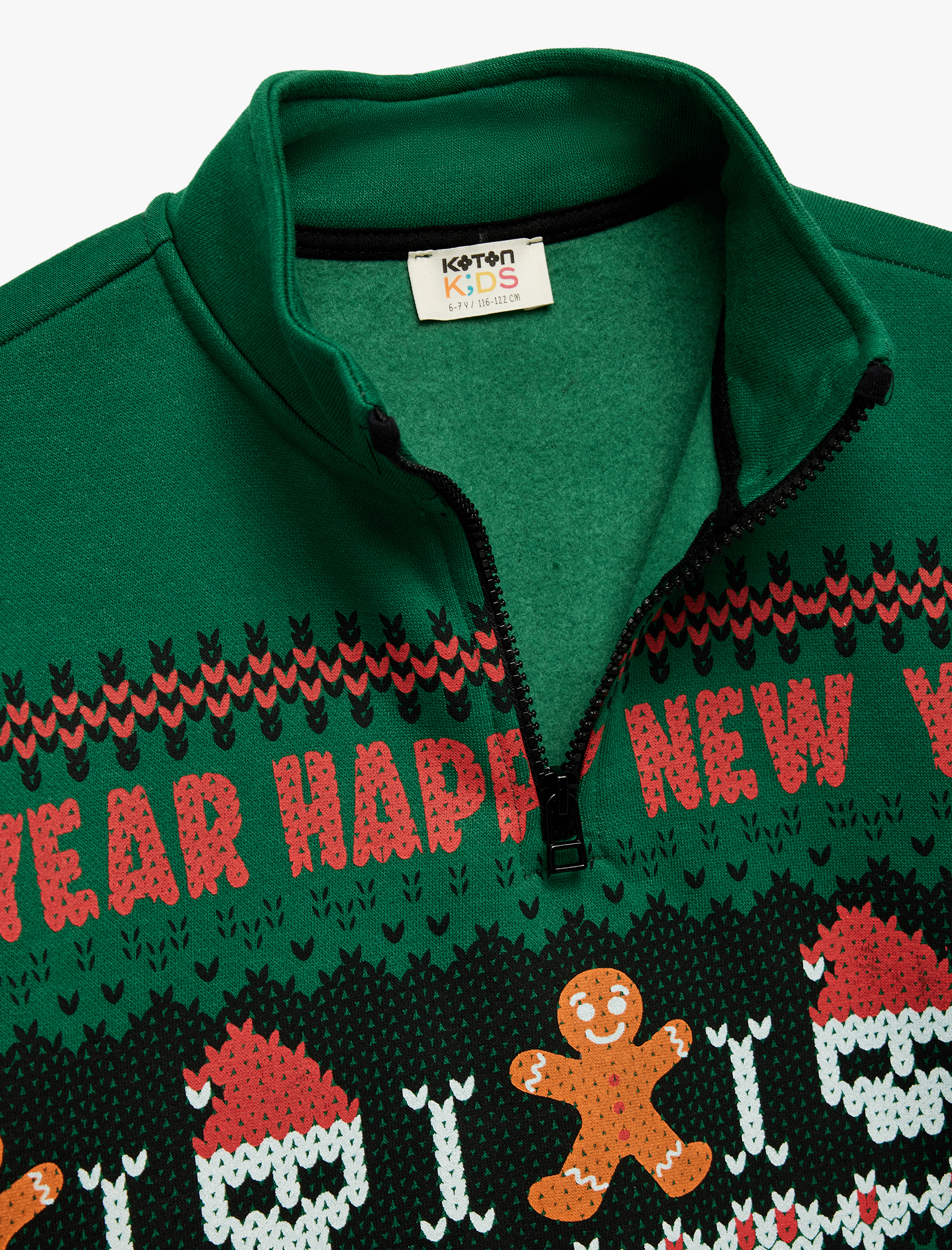  Erkek Çocuk Şardonlu Uzun Kollu Yılbaşı Temalı Yarım Fermuarlı Dik Yaka Baskılı Yılbaşı Sweatshirt