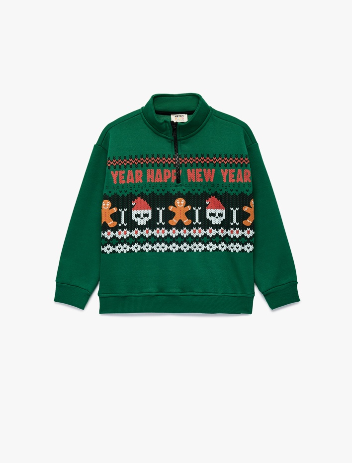 Erkek Çocuk Şardonlu Uzun Kollu Yılbaşı Temalı Yarım Fermuarlı Dik Yaka Baskılı Sweatshirt
