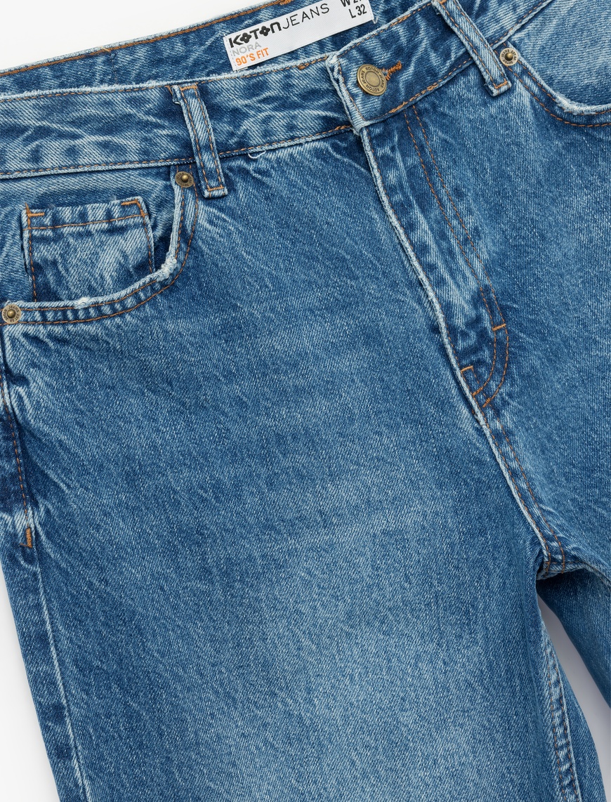   Yüksek Bel Cepli Düğmeli Düz Paça Jean Pantolon - Straight Fit Jean