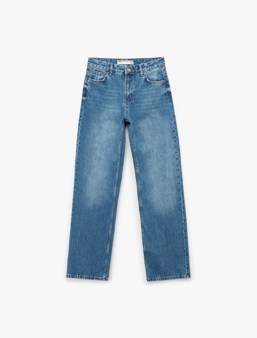   Yüksek Bel Cepli Düğmeli Düz Paça Jean Pantolon - Straight Fit Jean