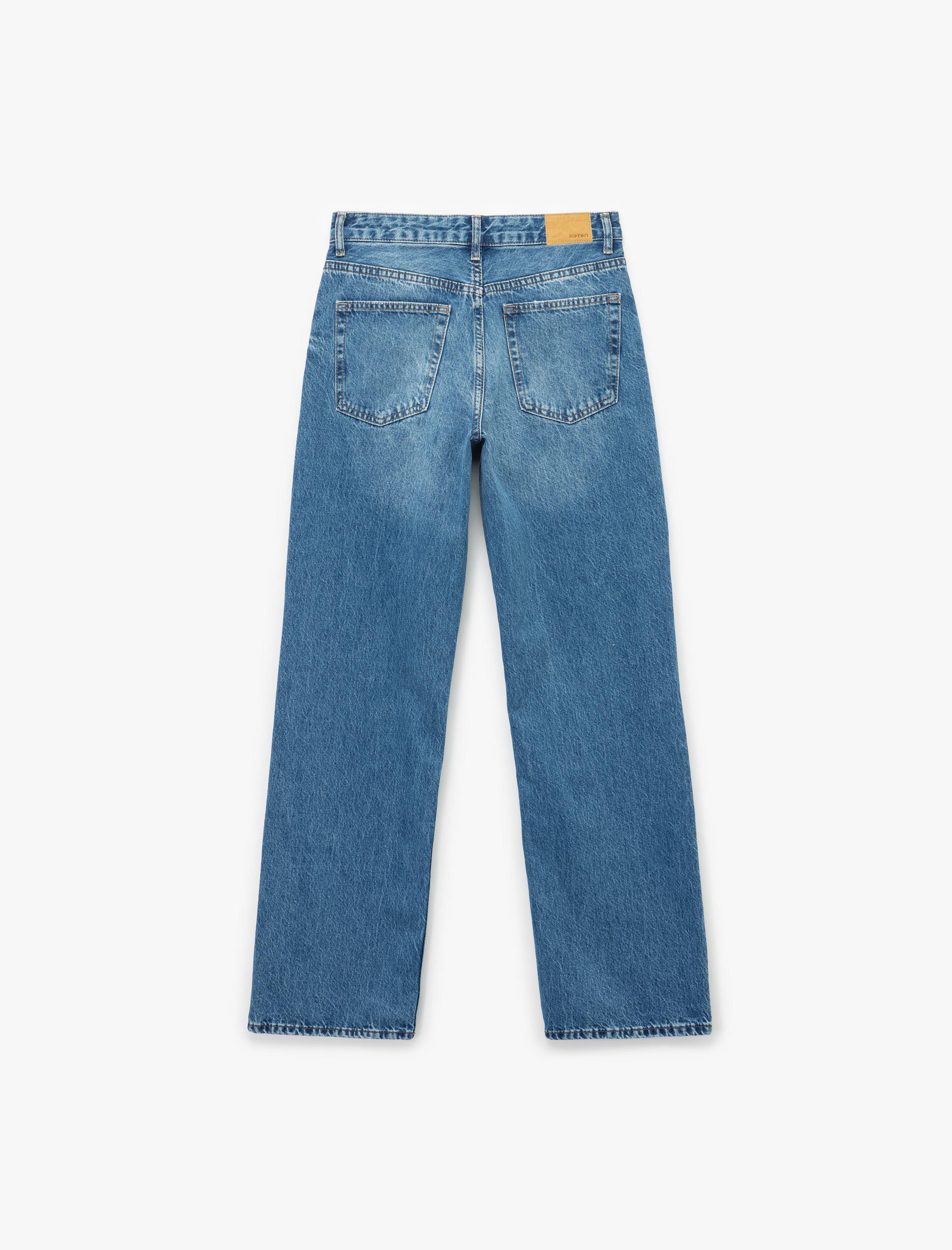 Yüksek Bel Cepli Düğmeli Düz Paça Jean Pantolon - Straight Fit Jean