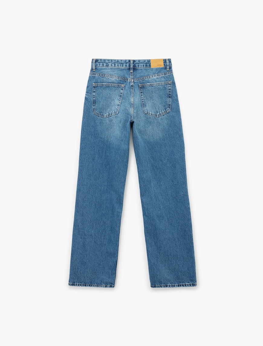   Yüksek Bel Cepli Düğmeli Düz Paça Jean Pantolon - Straight Fit Jean