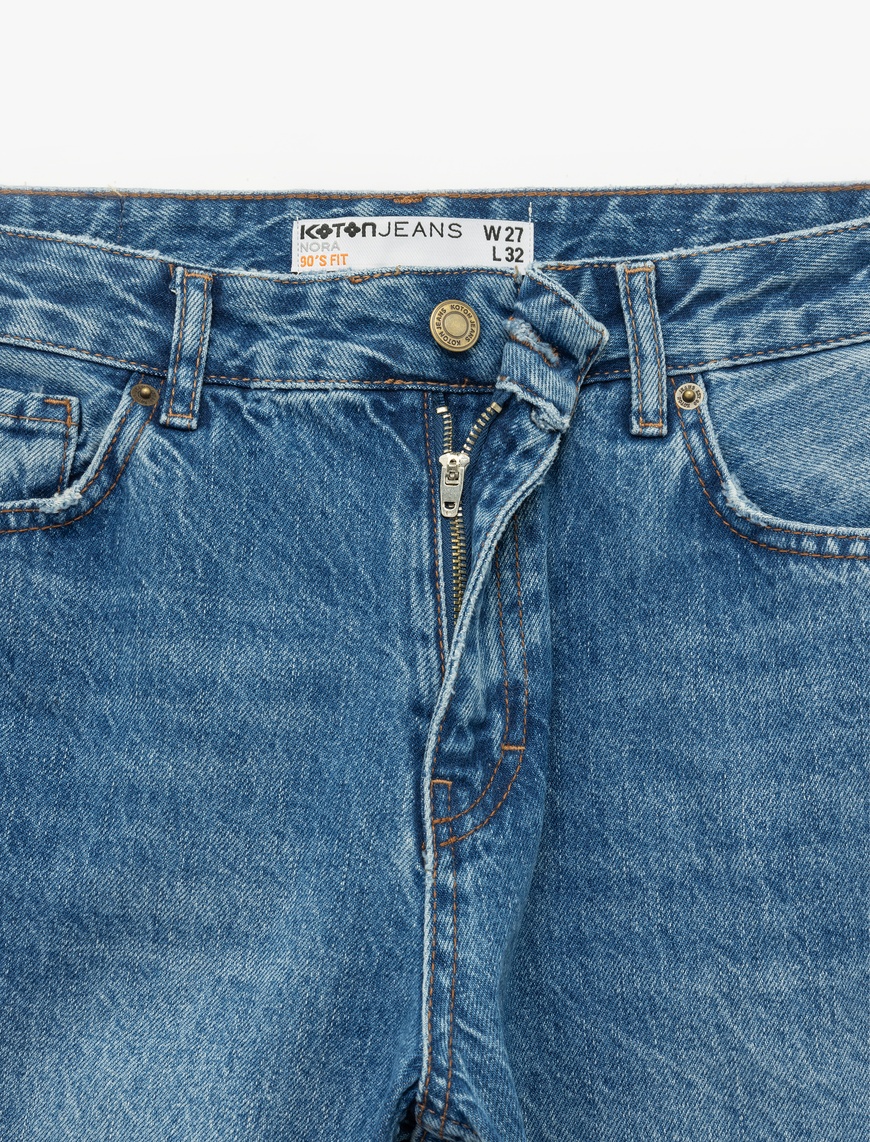   Yüksek Bel Cepli Düğmeli Düz Paça Jean Pantolon - Straight Fit Jean