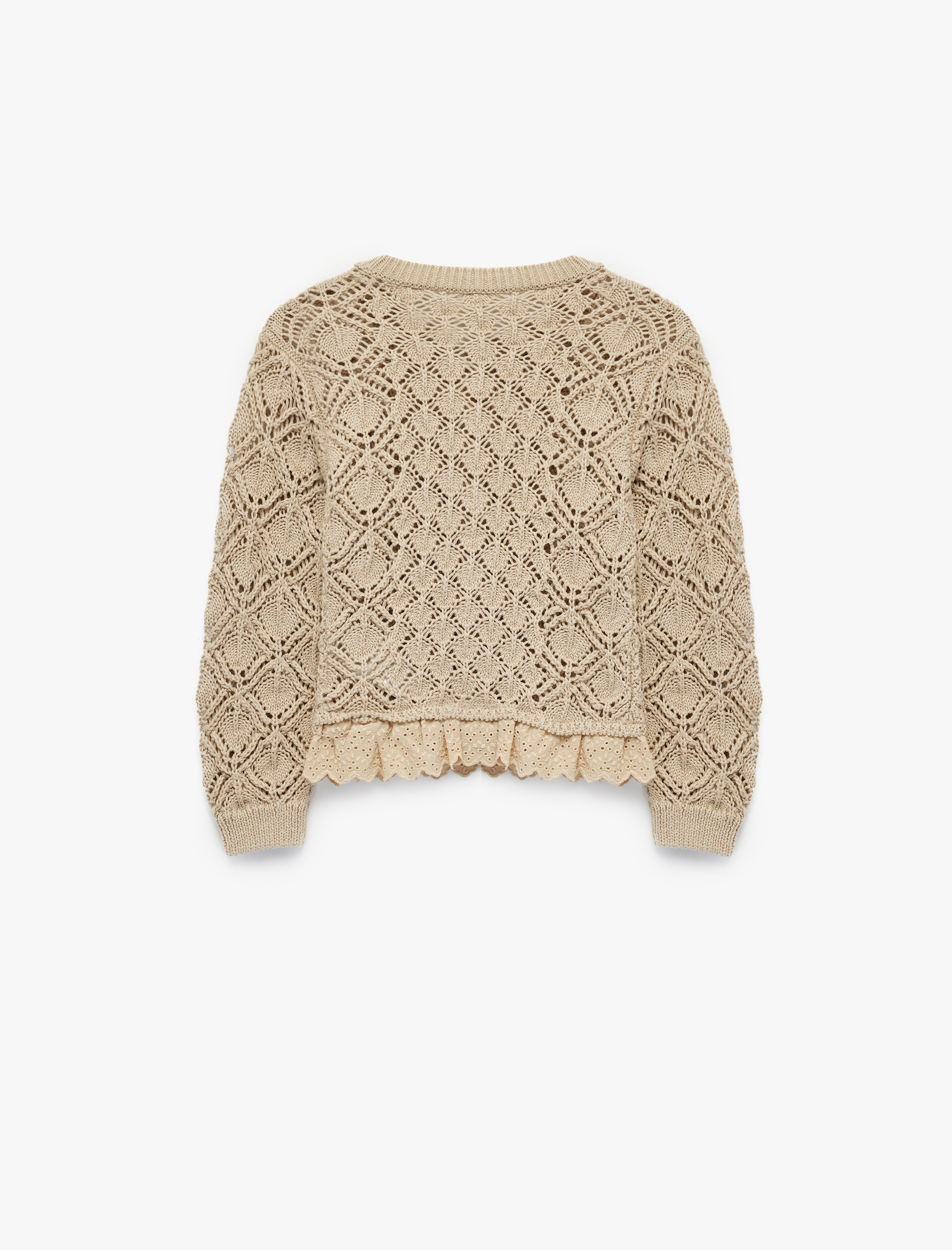  Kız Bebek Uzun Kollu Ajurlu Fırfırlı Düğmeli Bisiklet Yaka Triko Hırka