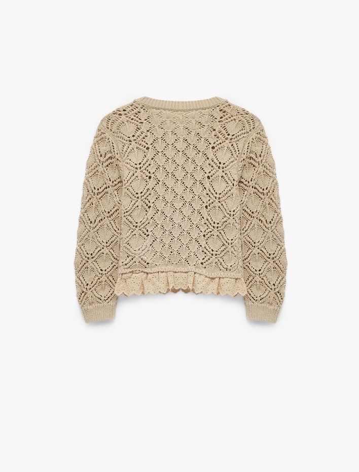 Kız Bebek Uzun Kollu Ajurlu Fırfırlı Düğmeli Bisiklet Yaka Triko Hırka