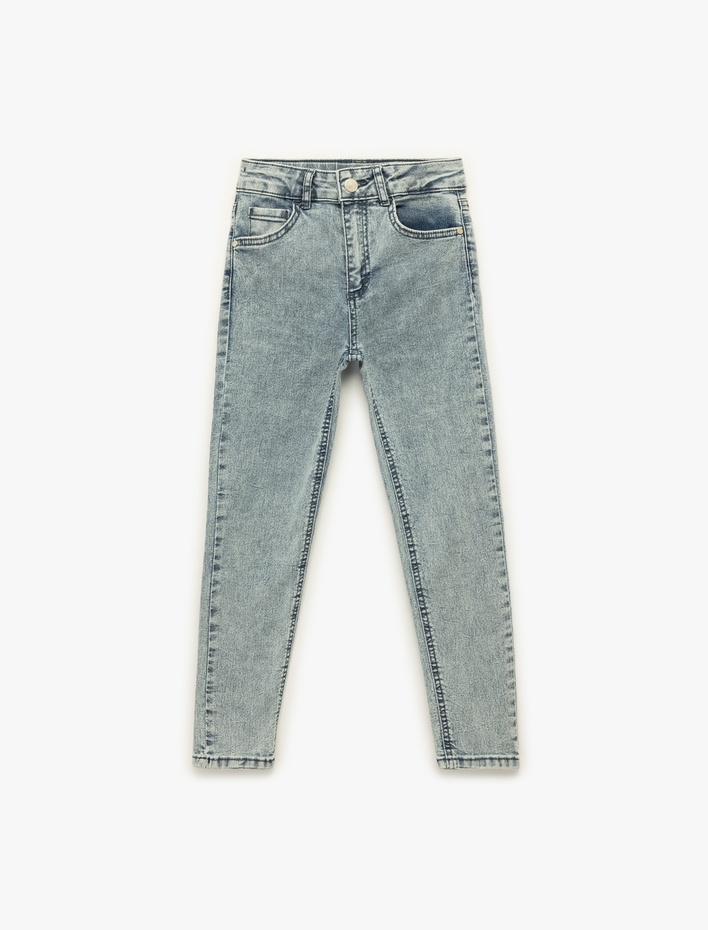 Erkek Çocuk Beli Ayarlanabilir Lastikli Pamuklu Dar Paça Denim Pantolon - Slim Jean