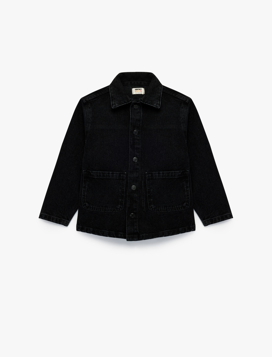  Erkek Çocuk Pamuklu Düğmeli Uzun Kollu Cep Detaylı Denim Ceket