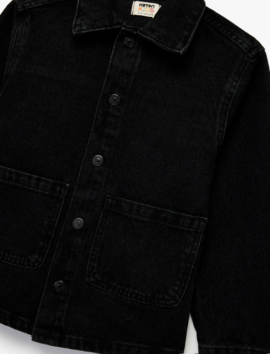  Erkek Çocuk Pamuklu Düğmeli Uzun Kollu Cep Detaylı Denim Ceket