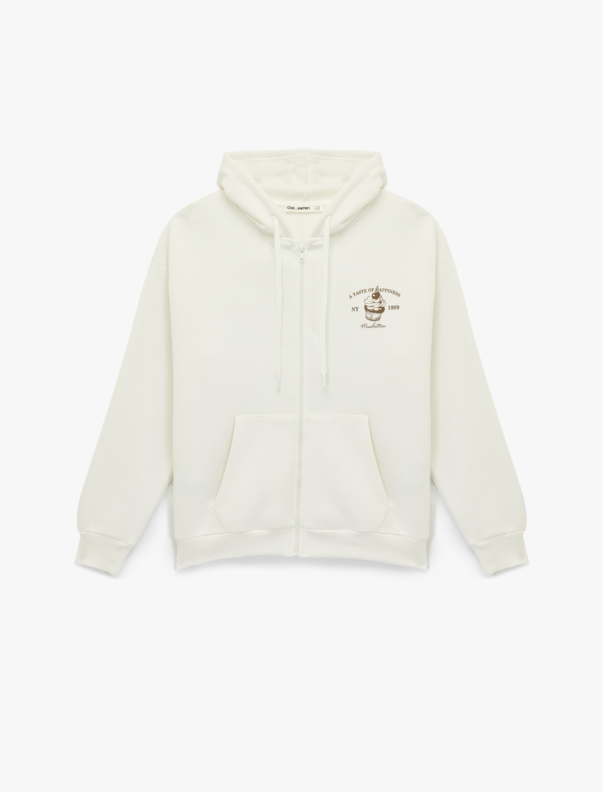   Şardonlu Fermuarlı Arkası Baskılı Kanguru Cepli Kapüşonlu Oversize Sweatshirt