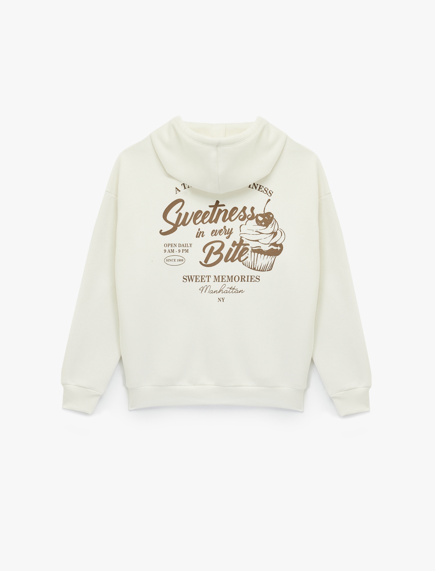   Şardonlu Fermuarlı Arkası Baskılı Kanguru Cepli Kapüşonlu Oversize Sweatshirt
