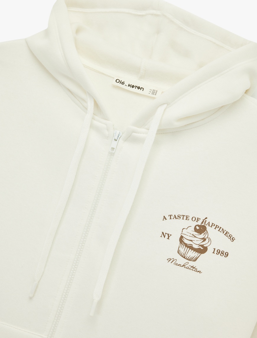   Şardonlu Fermuarlı Arkası Baskılı Kanguru Cepli Kapüşonlu Oversize Sweatshirt