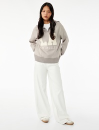 Şardonlu Uzun Kollu Yarım Fermuarlı Ayıcık Nakışlı Oversize Sweatshirt