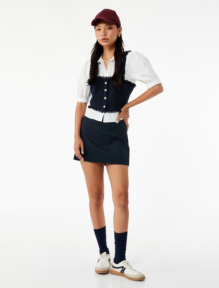  Slim Fit Kısa Balon Kollu Düğmeli Gömlek Yaka Tüvit Dokulu Crop Bluz
