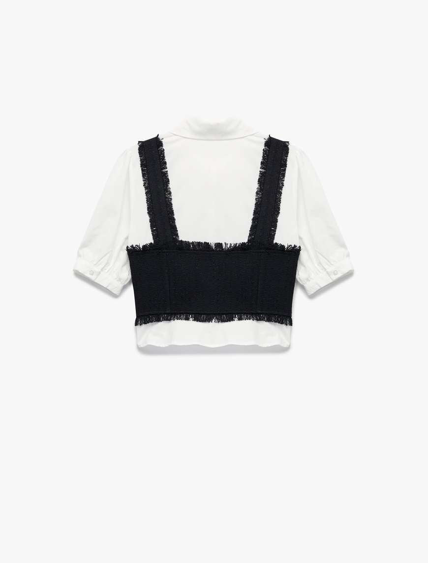  Slim Fit Kısa Balon Kollu Düğmeli Gömlek Yaka Tüvit Dokulu Crop Bluz
