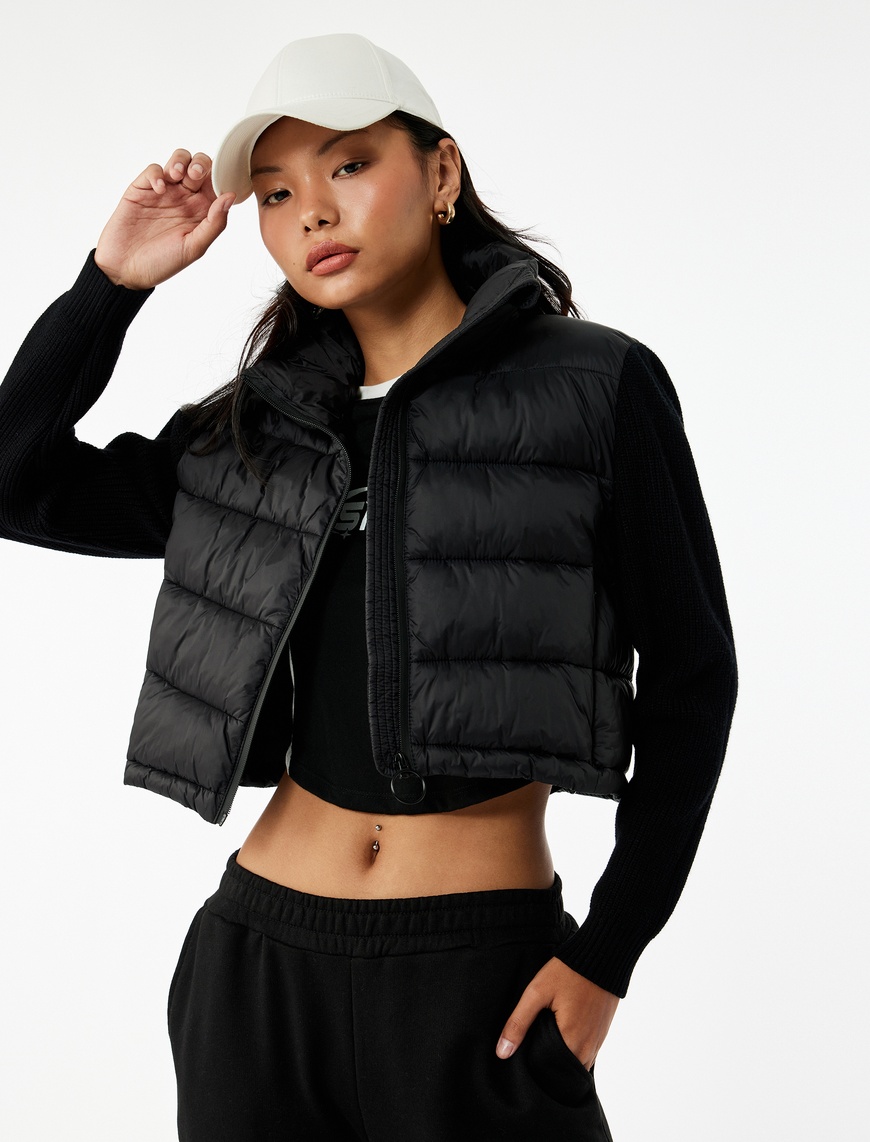   Dik Yaka Fermuarlı Uzun Kollu Cepli Slim Fit Şişme Mont