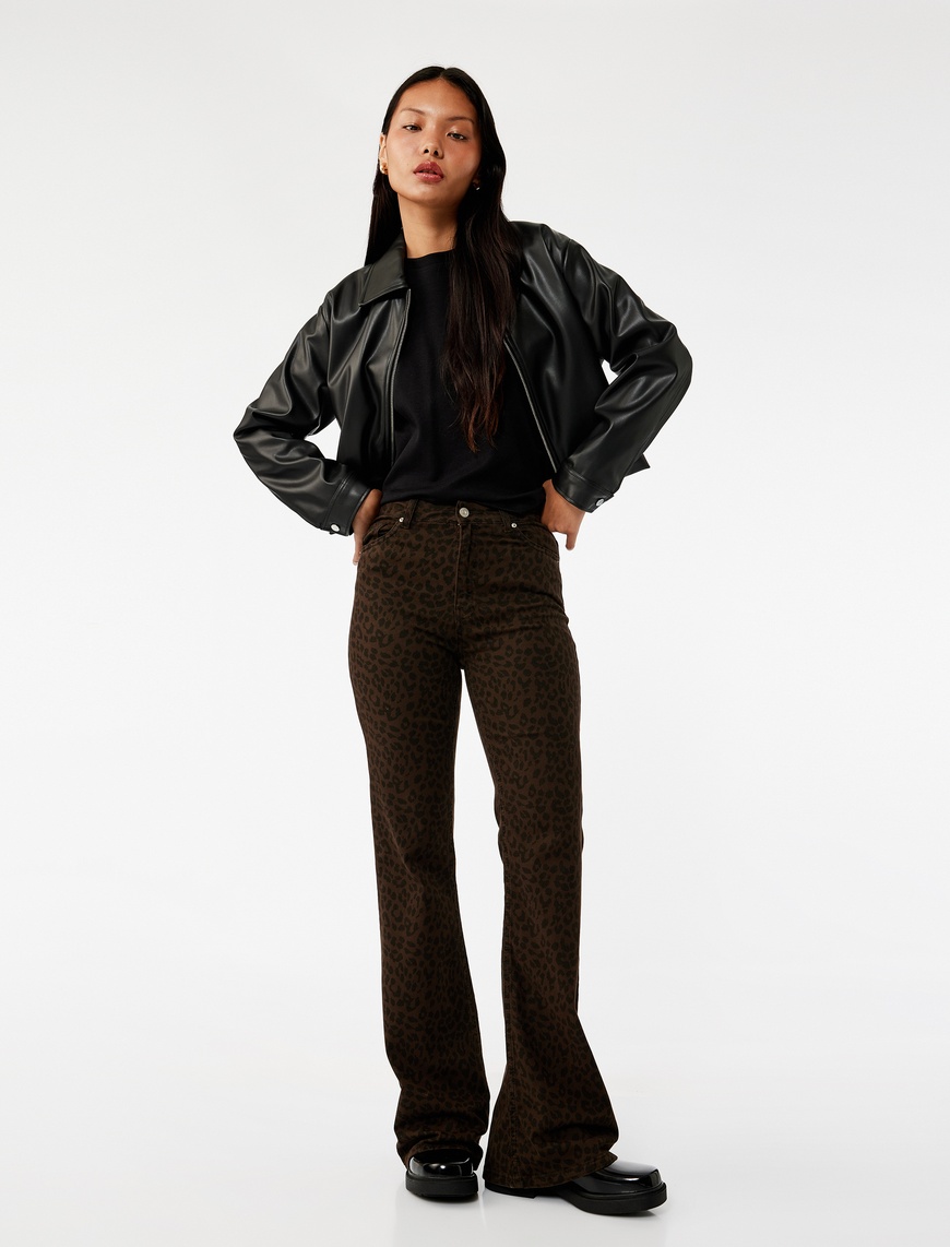   Yüksek Bel Dar Kesim İspanyol Paça Leopar Pantolon - Flare Jeans